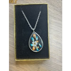 Collier pendentif Fleurs séchées - Divers coloris - Collier argent - Bleu Orange