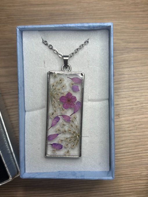 Collier pendentif Fleurs séchées - Divers coloris - Collier argent