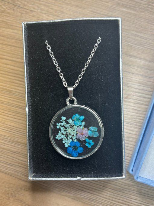 Collier pendentif Fleurs séchées - Divers coloris - Collier argent