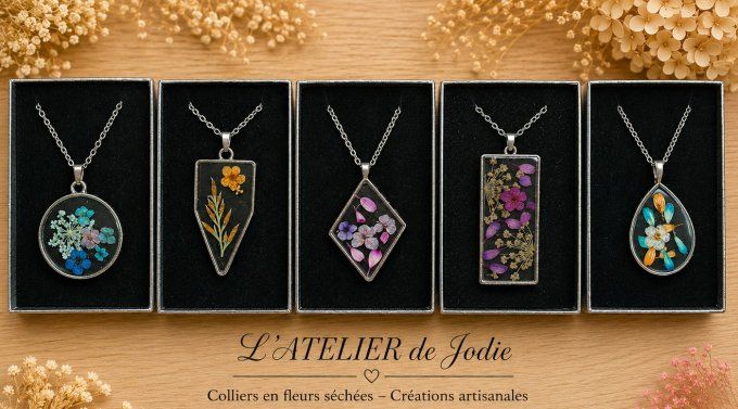 Collier pendentif Fleurs séchées - Divers coloris - Collier argent