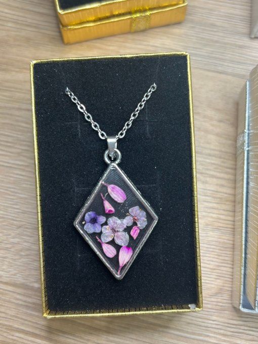 Collier pendentif Fleurs séchées - Divers coloris - Collier argent
