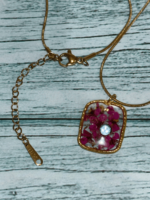 Collier pendentif Fleurs séchées - Rose Strass