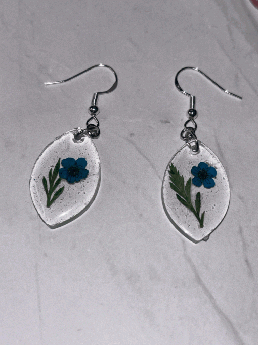 BO pendantes - Médaillon fleurs séchées - Bleu