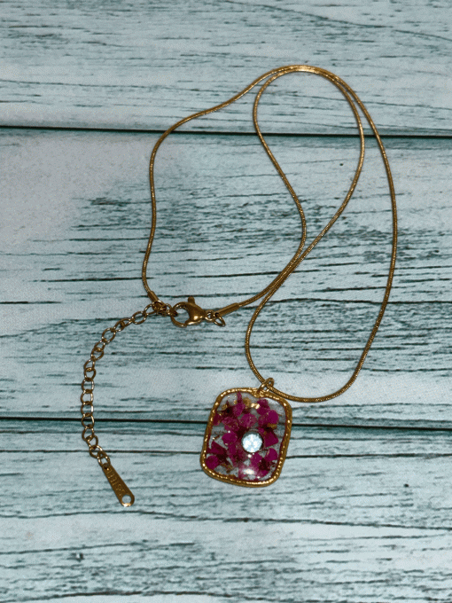 Collier pendentif Fleurs séchées - Rose Strass