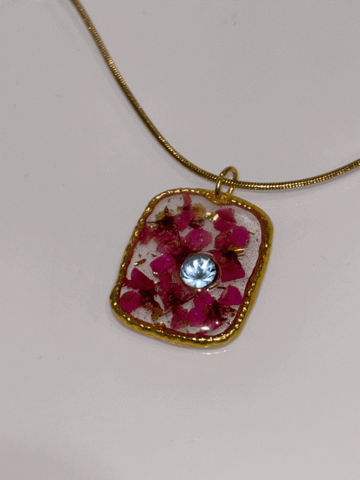 Collier pendentif Fleurs séchées - Rose Strass