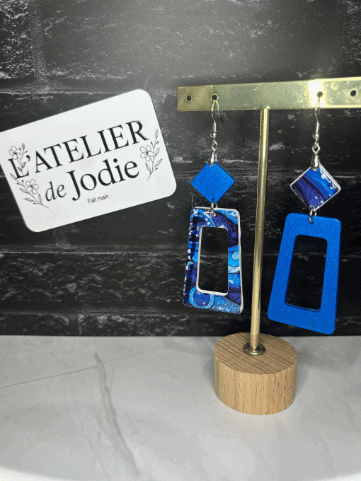 Boucles d'oreilles dépareillées "Géométrie Florale" Bleu